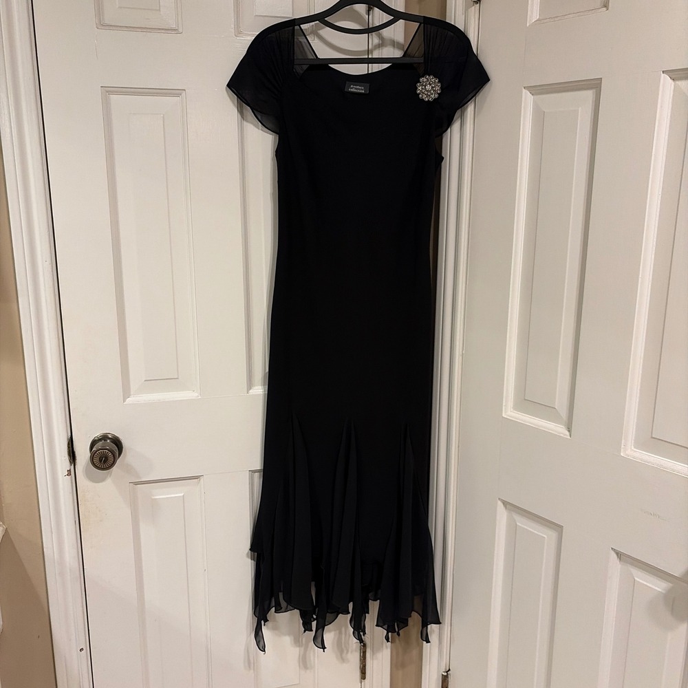 Dressbarn Womens Handkerchief Hem Evening Gown Black 6 Rhinestone Chiffon Sleeve